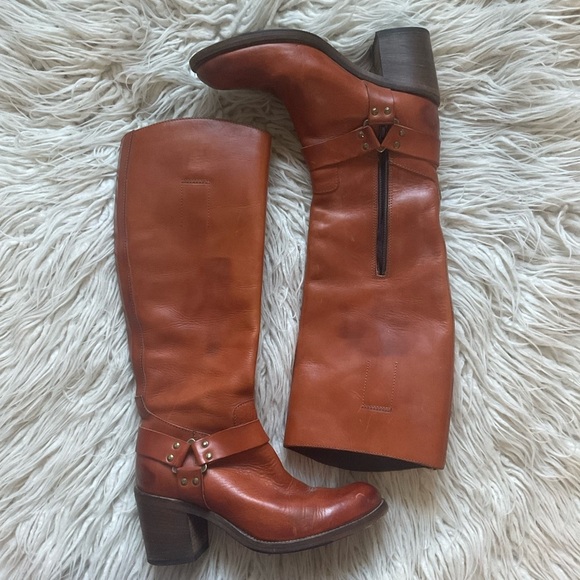 Moma Brown Leather Knee High Harness Round Toe Heeled Riding Boots Size 37 - Picture 1 of 13
